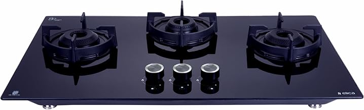 Elica 75cm 3 Burner Auto Ignition Hob | FLEXI 375 LOTUS IND HD BRASS | SABAF Burners | Cast Iron Pan Support with Heat Guard | 8mm Toughened Glass | 10-Year Burner Warranty | Black
