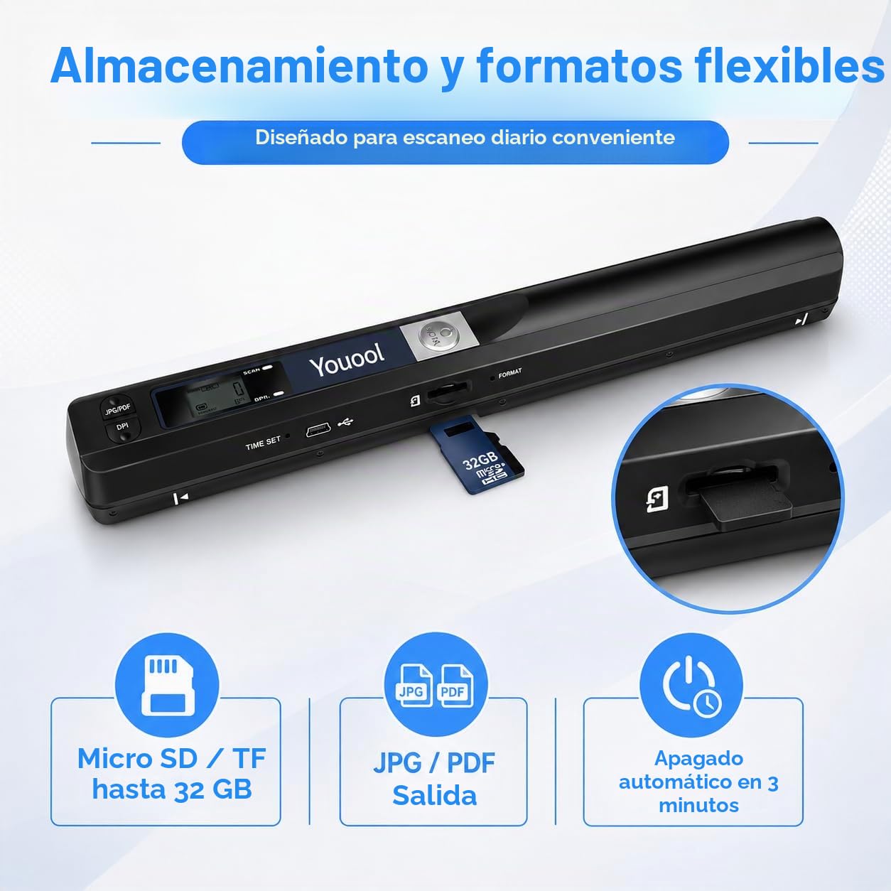 Mini escáner portátil de mano USB digitalización color 900 PPP A4 documentos JPG/PDF con tarjeta 16GB
