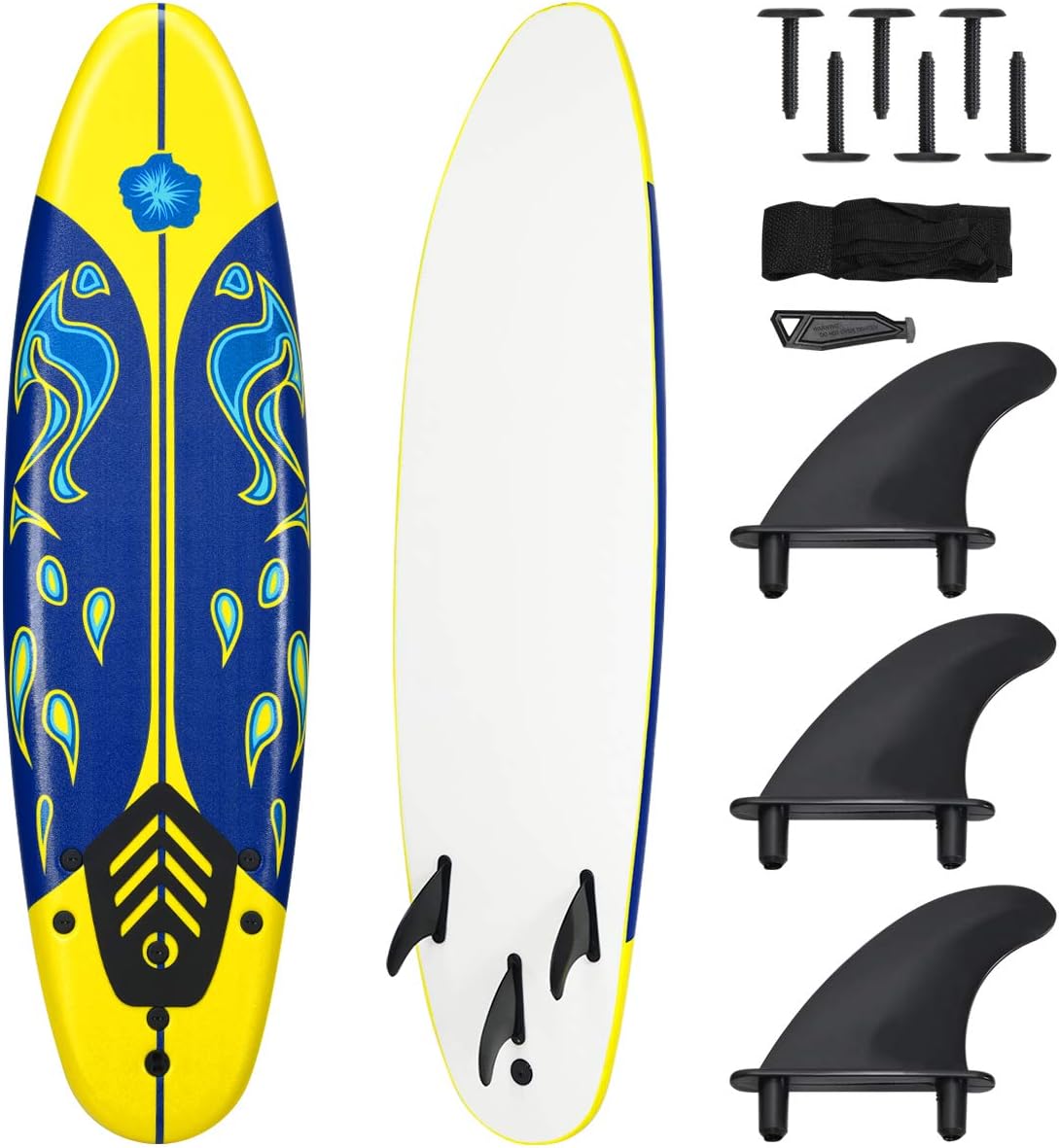 Giantex Surfboard, 6 Ft Stand Up Surfing Board w/ 3 Detachable Fins, Safety Leash, Non-Slip Lightweight Foam Surfboard for Kids, Teenager, Adults