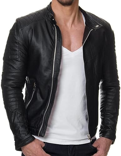 DECIMAL Chaqueta de Motociclista de Cuero de Piel de Cordero Real Negro para Hombre VINTAGE CHAQUETAS DE MOTOCICLETA GENUINAS PARA HOMBRES