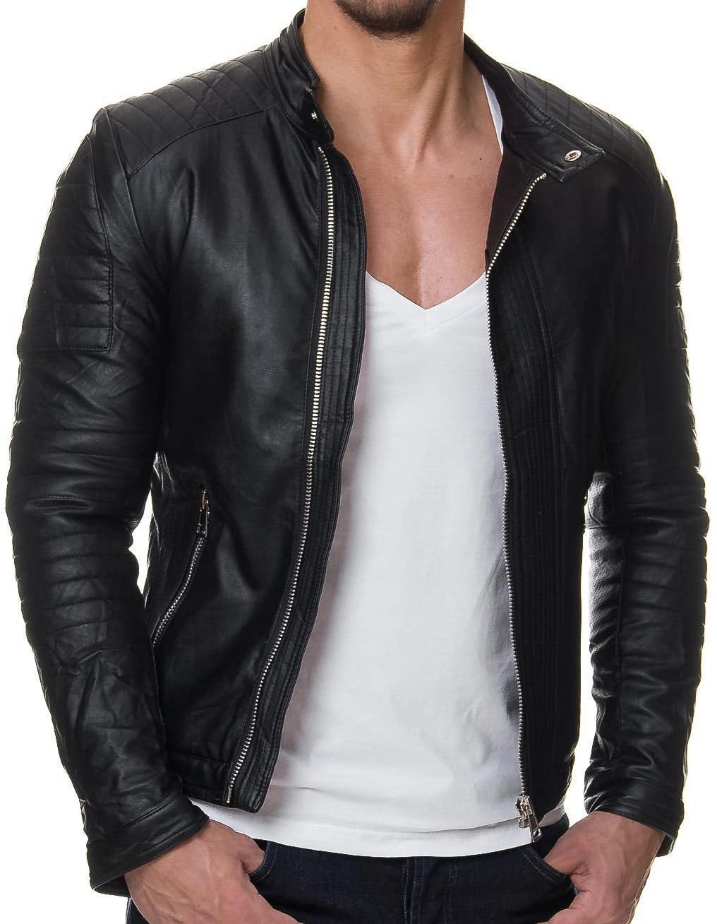 DECIMAL Mens Black REAL Lambskin Leather Biker Jacket VINTAGE GENUINE MOTORCYCLE JACKETS FOR MEN