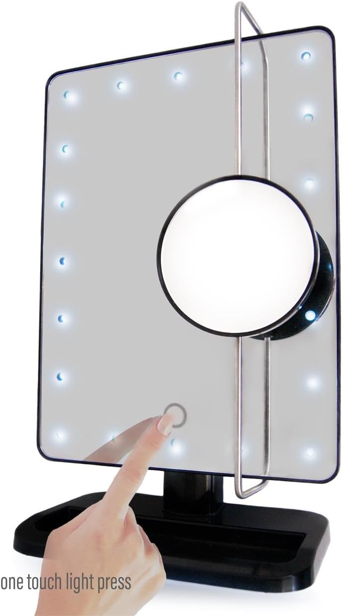 Rucci Vanity Mirror with L.E.D. Light and Movable Round Insert Mirror 10X Magnification. 8 inches Long by 13 inches Height Including Base. Round Insert Mirror 3 inches Diameter. Soft Touch Switch.
