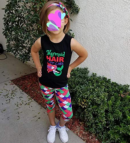 Mermaid Hair Don't Care 3Pc Toddler Baby Girls Cute Mermaid Print T-Shirt + Pants With Headband Outfit Clothing Sets (5-6 Years, Black) #TOP4
