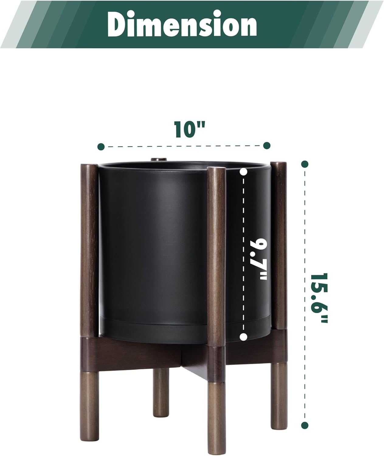 D'vine Dev Planter Pot with Stand - 10 Inch Plastic Cylinder Flower Pot with Wood Planter Holder for Indoor, Matte Black Pot + Walnut Color Stand, 55-C-L-2 - Image 3