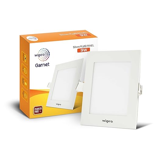 wipro Garnet 9W Square LED Slim Plus Panel | Coolwhite Light(6500K)| Ultra-Slim Design | Aluminium Housing | Flicker Free Design | Recessed Down Light for False Ceiling |Cutout - 100mm |Pack of 1