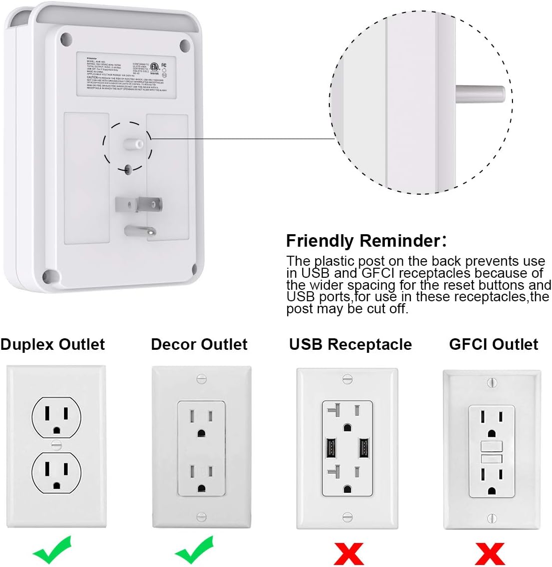Multi Plug Outlet, Surge Protector, POWSAV USB Wall Charger with 2 USB Ports, 6-Outlet Extender and Top Phone Holder for Your Cell Phone, White, ETL Listed,2 Pack