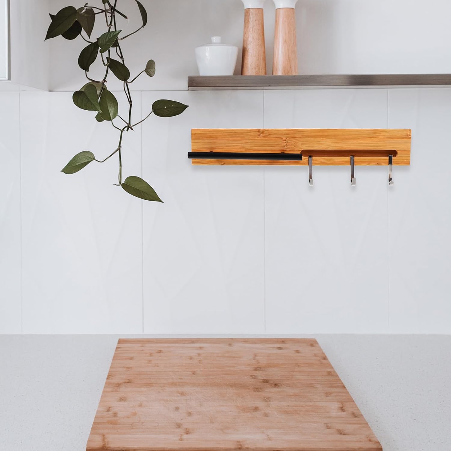 Wall-mounted Kitchen Utensils Holder with No-drill Installation, Multifunctional Wooden and Stainless Steel Cutter Rack for Household Kitchen and Restaurant Use, Brown Minimalist