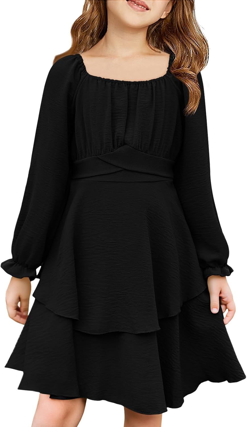 Haloumoning Girls Fall Dress Long Sleeve Off Shoulder Puff Sleeve Ruffle Tiered Layer Party Dresses 7-14 Years