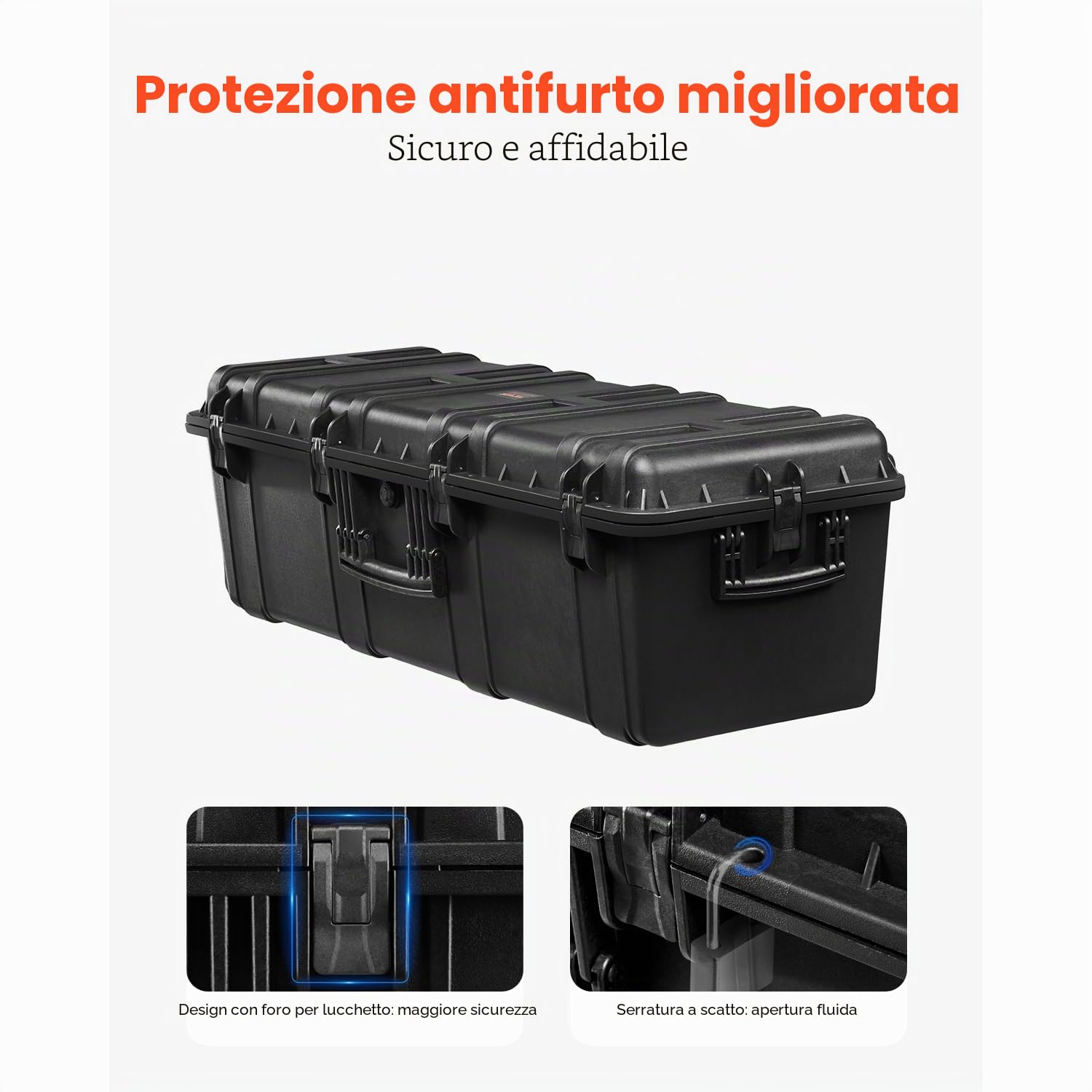 VEVOR Custodia Rigida Impermeabile 155,7 L, Custodia Protettiva Resistente alle Intemperie IP67 con 6 Clip, 6 Fori e 3 Maniglia per Lucchetto e Schiuma Inserita per Apparecchiature Grande, Nero