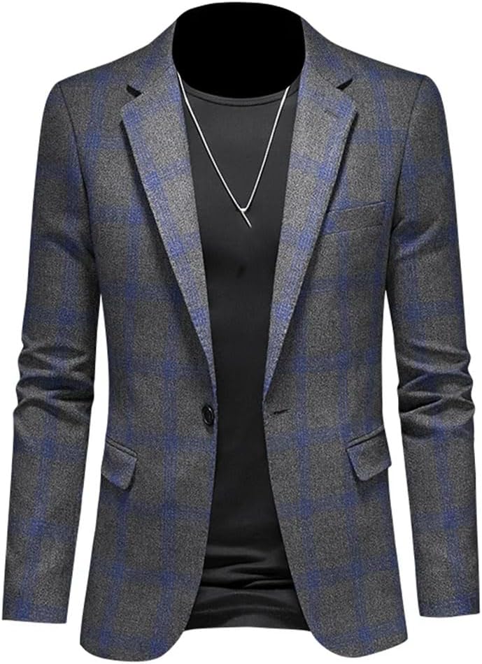 Men's Slim Casual Plaid Suit Jacket Single-Breasted Business Wedding Clothing