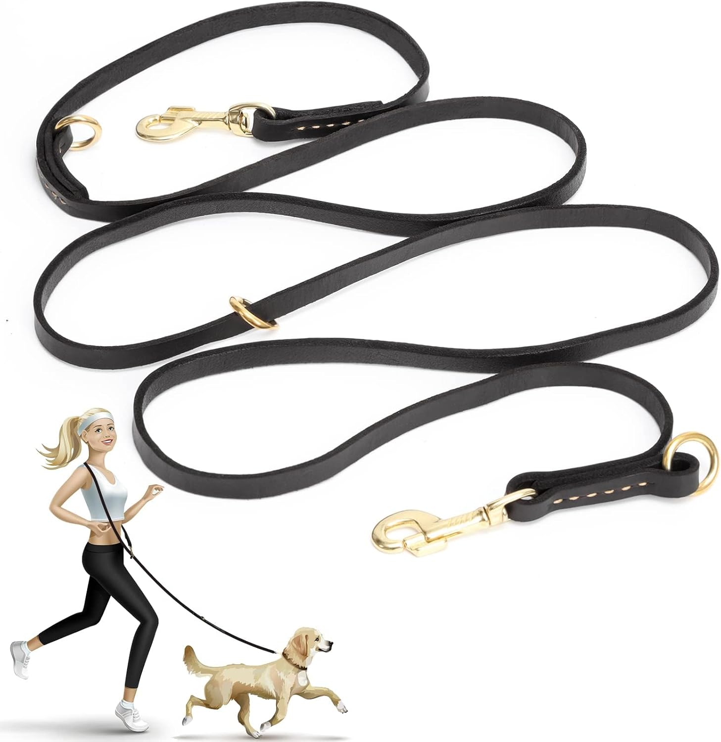 Leather Dog Leash 8ft, Soft Multi-Function 6 in 1 Leather Training Walking Lead, Hands Free Leash, Dual, Crossbody Pet Leashes for Medium and Large Dogs, Service Dogs (8 Foot*5/8", Black)