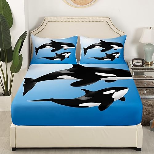 Miniatura 3 de Juego de sábanas de ballena oceánica, juego de ropa de cama de orcas con animales de mar profundo, juego de sábanas hawaianas con bolsillo profundo