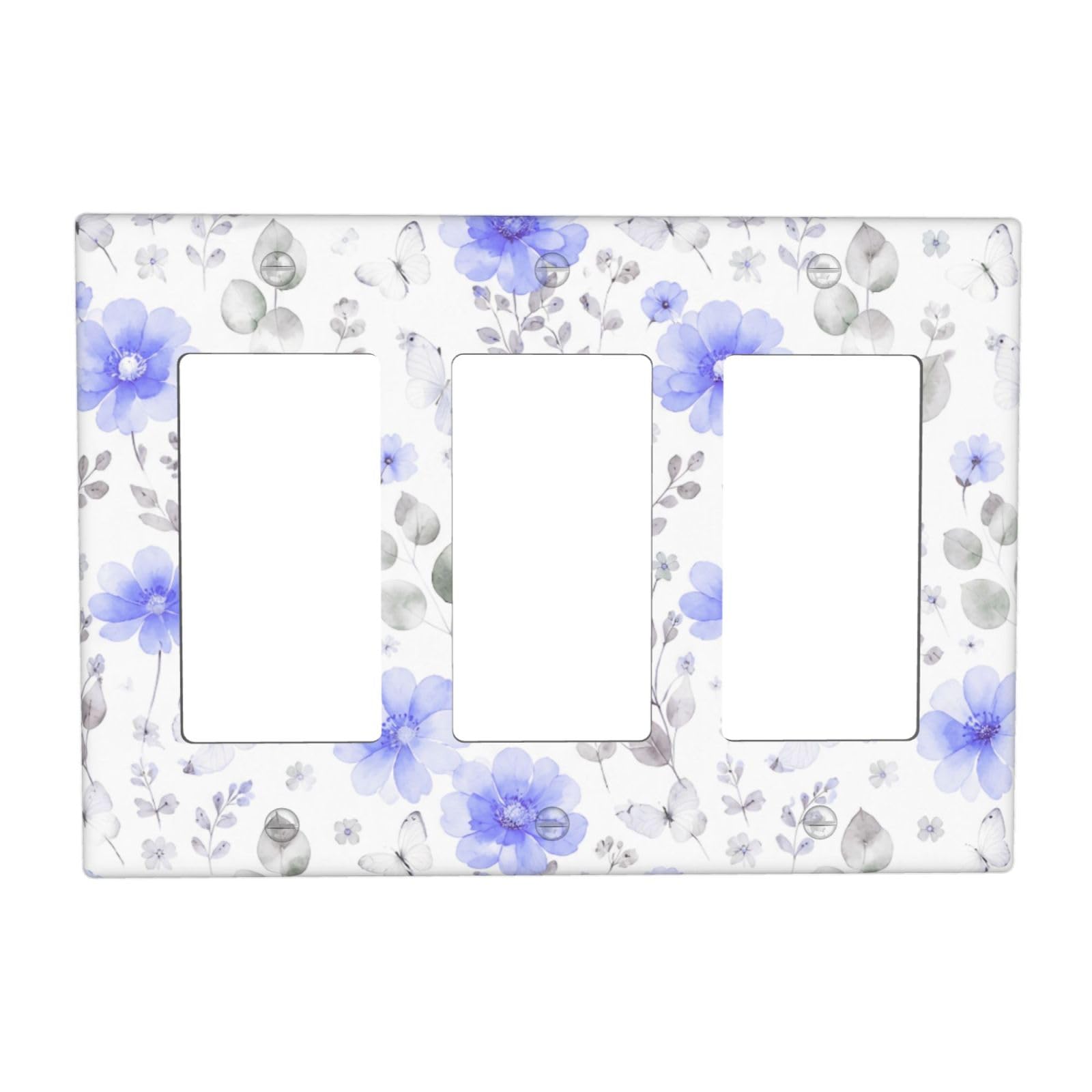 DWBGUO Decorative Outlet Covers Watercolor Blue Floral Butterfly 3 Gang Light Switch Cover Plate Triple Rocker Wall Plates for Electrical Outlets Switch Plate Covers for Home Bedroom Decor
