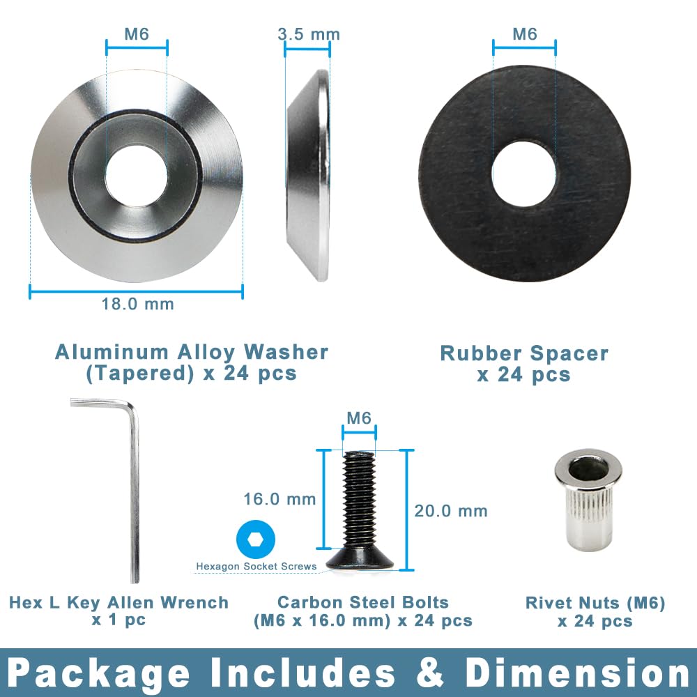 24-Piece M6 x 18mm OD Anodized Aluminum Tapered Washer with Black Bolt Kit for Widebody, Fender Flares, Engine Bay Dress-Up (Silver)