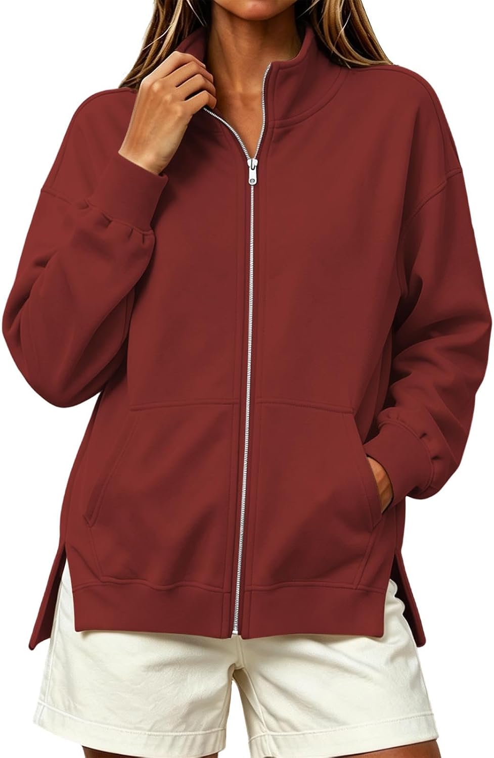 Women's Sweatshirt Jacket Stand Collar Zip Front Casual Loose Coat