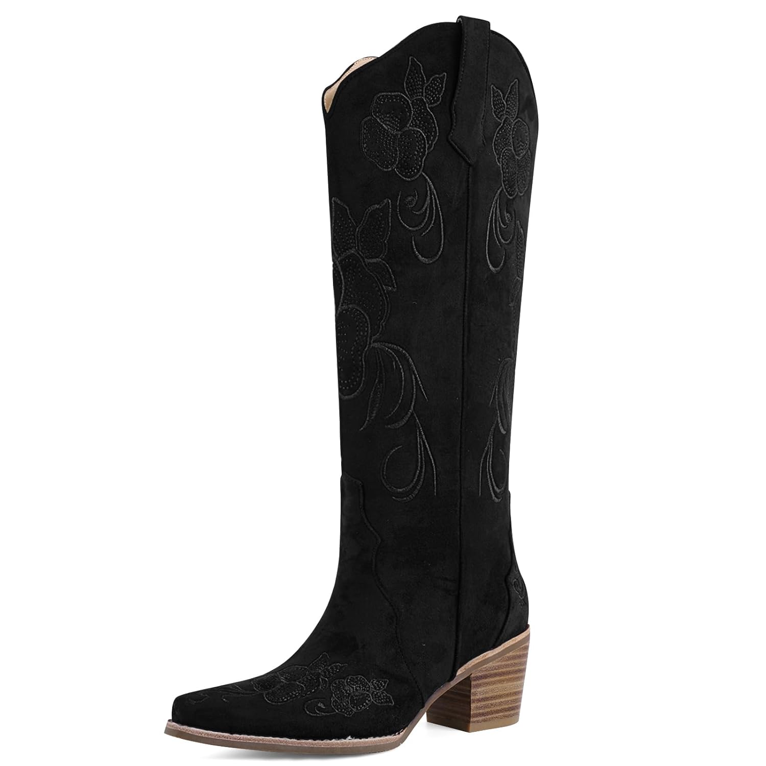 Cowboy Boots for Women Knee High Cowgirl Western Boots Pointed Toe Chunky Block Heel Retro Vintage Floral Embroidered