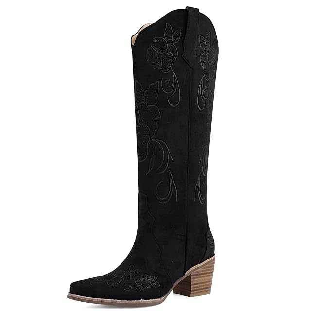 Cowboy Boots for Women Knee High Cowgirl Western Boots Pointed Toe Chunky Block Heel Retro Vintage Floral Embroidered
