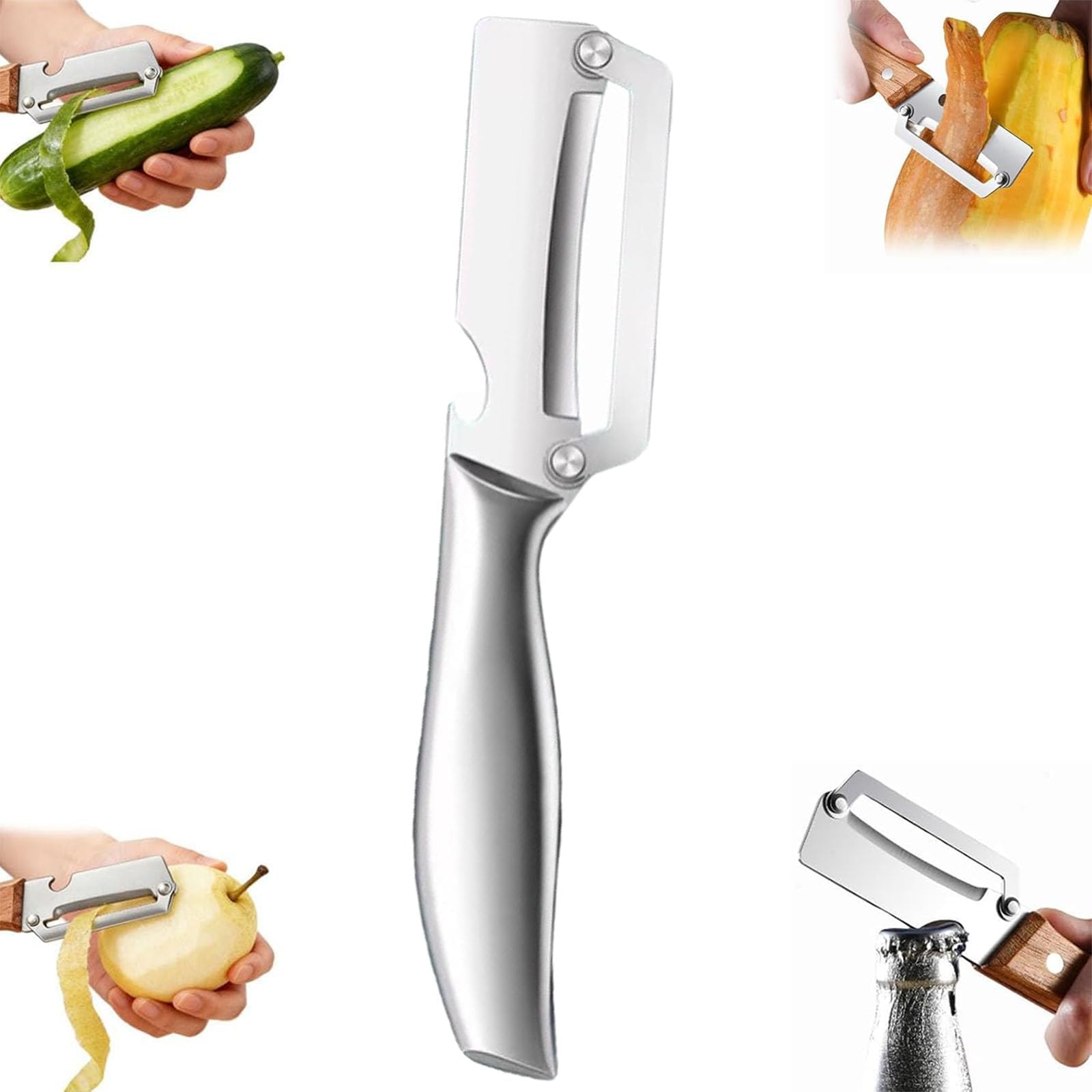Multi-Functional Vegetable Peeler, 2 in 1 Stainless Steel Fruit and Vegetable Peeler with Wooden Handle and Bottle Opener, for Easy Potato, Fruit & Veggie Peeling (B)