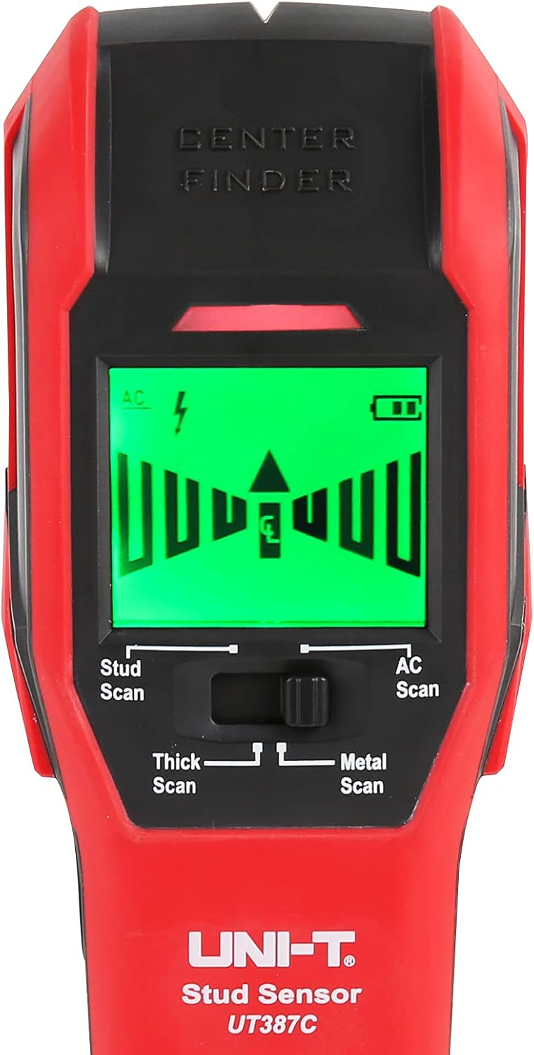 UNI-T UT387C Stud Finder Sensor Wall Scanner, 4 in 1 Electric Wood Detector Center Positioning Finding with LCD Display Buzzer LED Warning 4 Scan Modes for Wood Stud Metal Live AC Wire Deep Detection