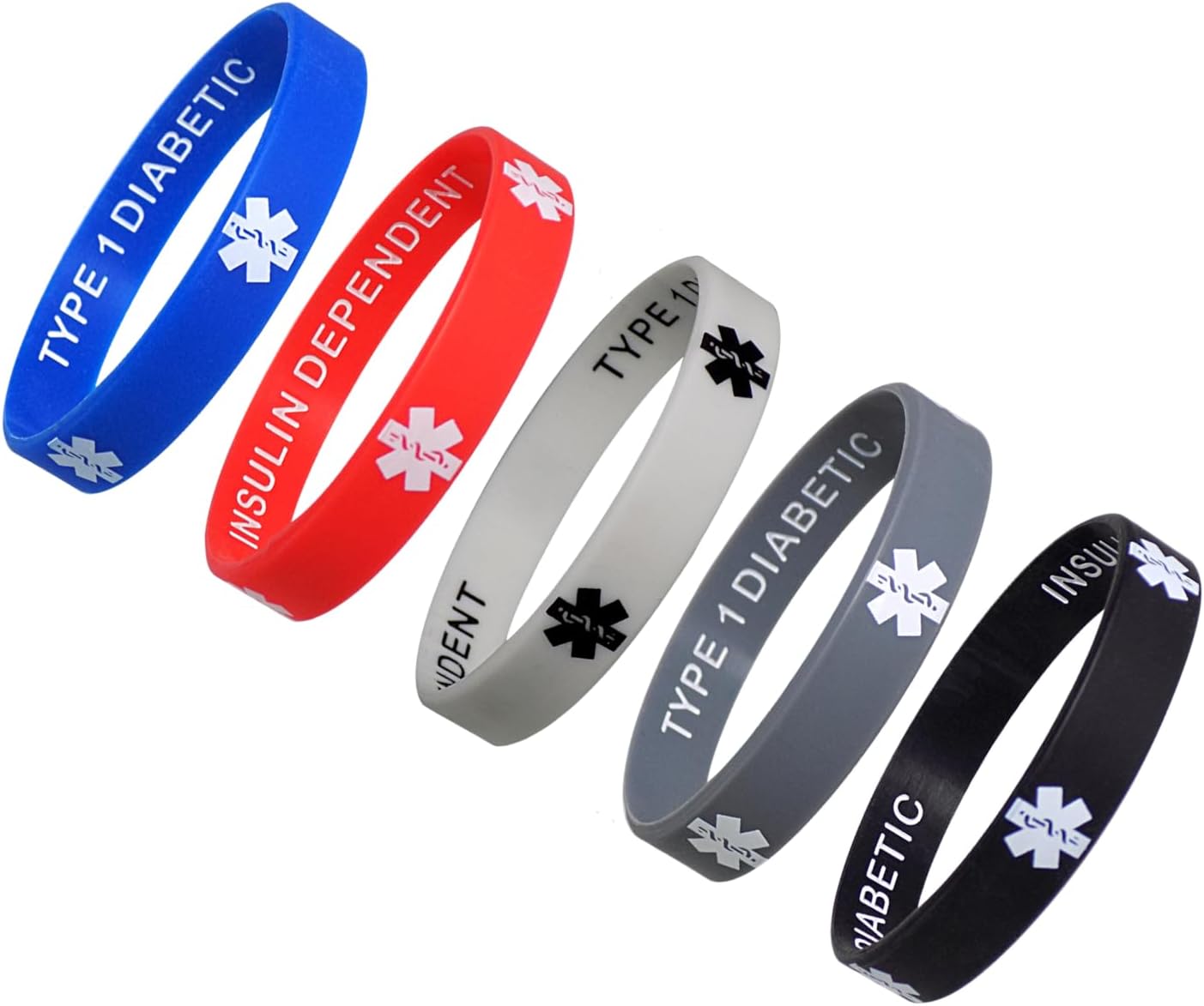 Type 1 Diabetic Insulin Dependent Medical Alert ID Privacy Enhanced Silicone Bracelets Wristbands 5 Pack - Image 4