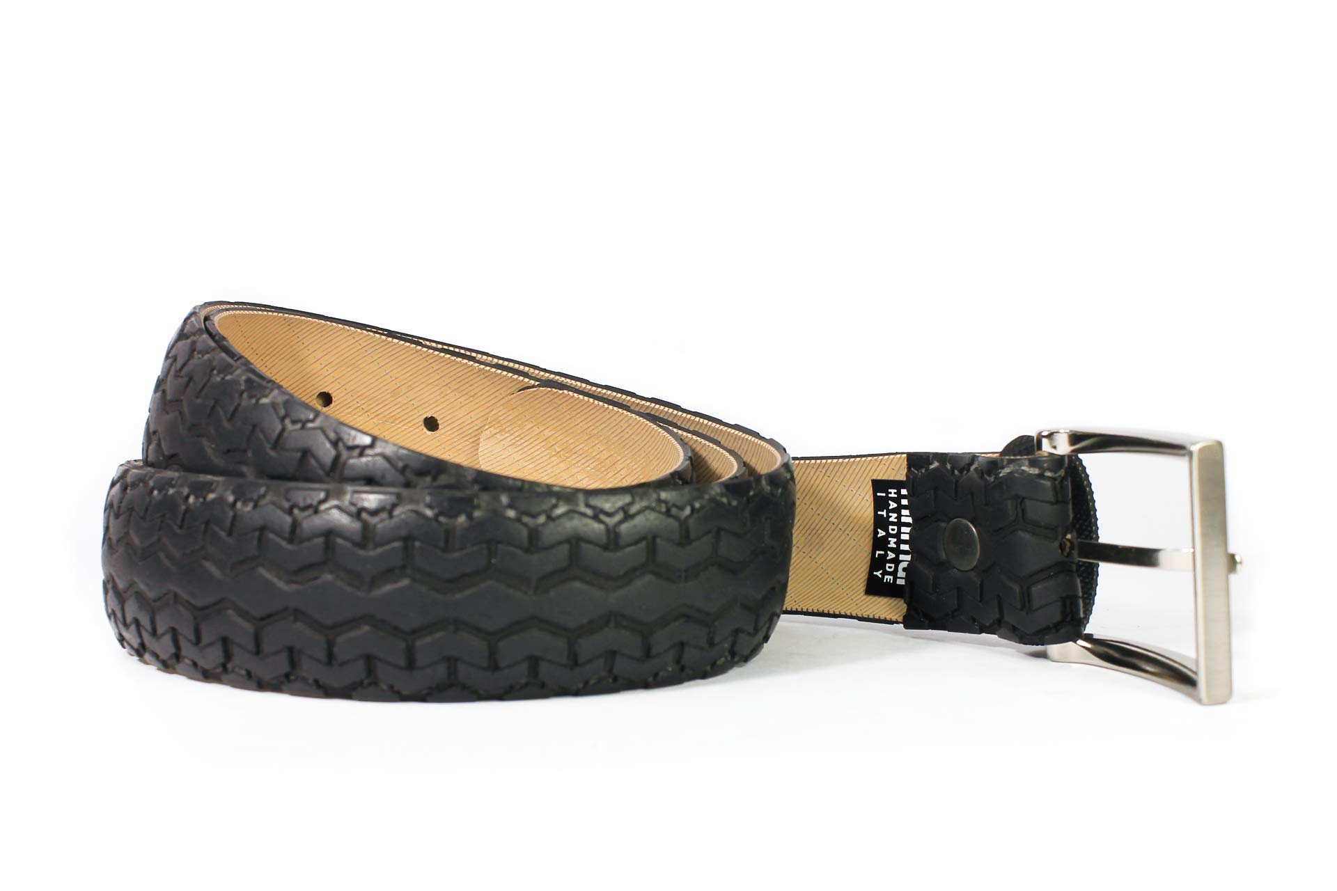 Ceinture homme noire élégante et fine en tissu fabriqué à partir de pneus de vélo. Taille M/L. Fabriquée à la main en Italie, longueur : 128 cm. Vegan friendly.