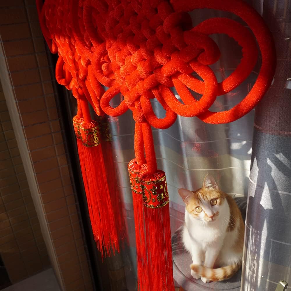 1PCS 32Inch Red Flannel Chinese Knot Tassel Chinese New Year Decorations for Party Wedding Supplies Spring Festival Decorations Mid-Autumn Moon Festival Wedding Party Ornaments, Width -16 In