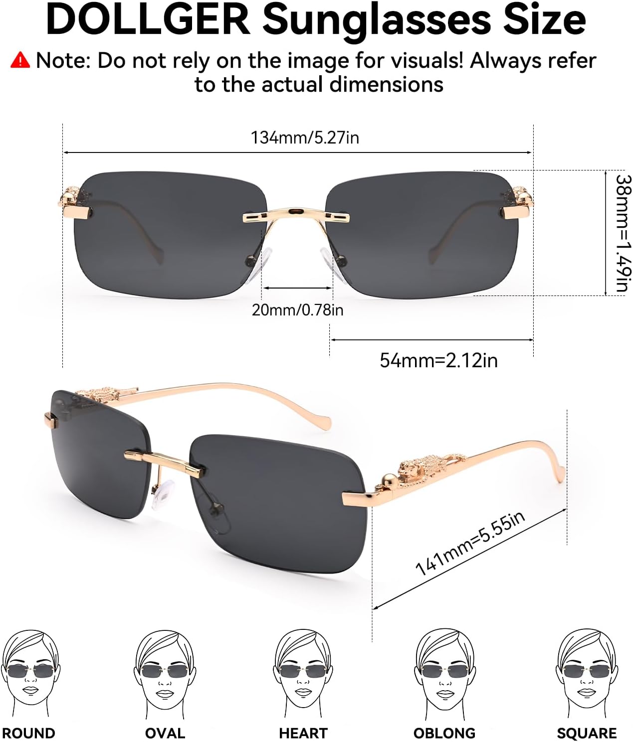 Dollger Rectangle Rimless Sunglasses for Women Men Leopard Arms 70s 80s Retro Sun Glasses