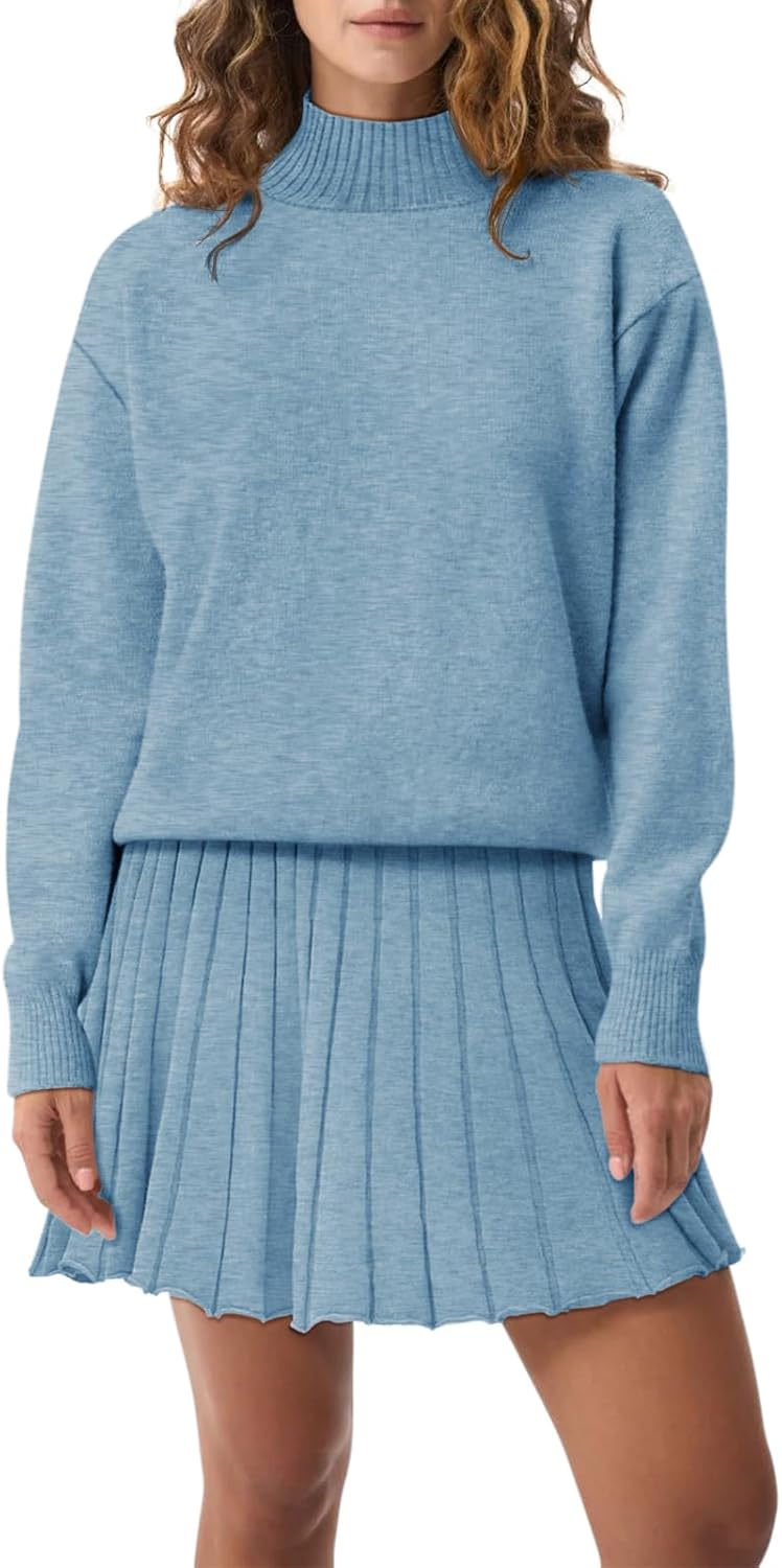 Women's Two Piece Outfits Turtleneck Long Sleeve Ribbed Knit Tops Pleated Mini Skirt 2026 Casual Sweater Sets - Image 2