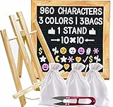 Felt Letter Board with 960 Letters (White, Pink, Gold), 3 Travel Bags, Oak Stand, Scissors, and 60 Emojis (3 Colors). Square 10X10 Inches Sign with Changeable Messages and Characters