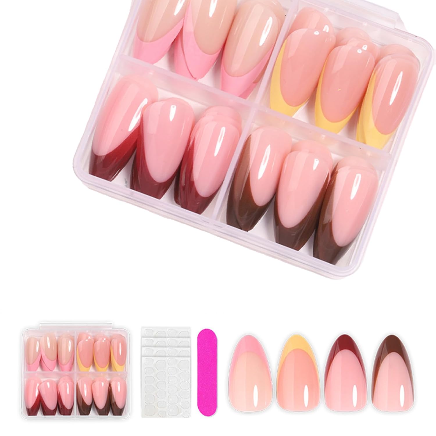 4Packs 96Pcs French Tip Press on Nails Short Square Fake Nails Pink Leopard French Acrylic Nails Bow Charms Glue on Nails Kit for Women Girls Manicure Decoration Set 12 Size