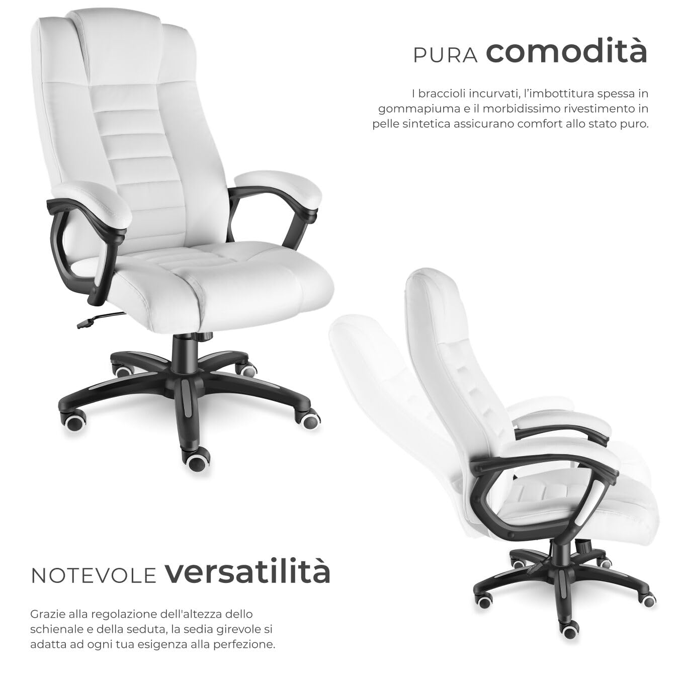 tectake® Sedia Ufficio, Imbottitura 12 cm, Sedia scrivania con Poggiatesta e Braccioli, Base con Rotelle, Sedia ergonomica con altezza regolabile, Inclinazione Continua, Poltrona Ufficio - Bianco