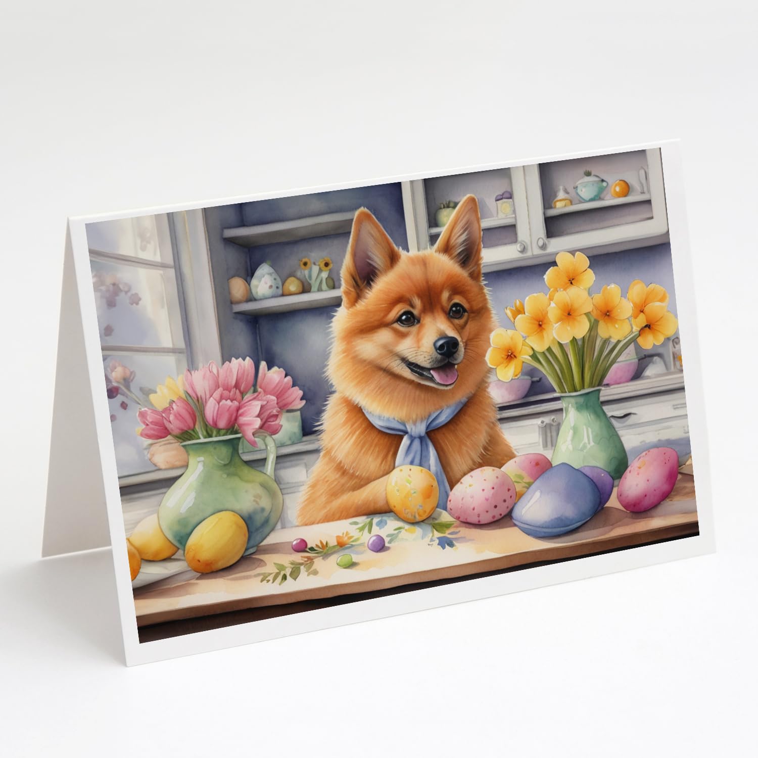 Caroline's Treasures DAC6811GCA7P Decorating Easter Finnish Spitz Greeting Cards Pack of 8 Blank Cards with Envelopes Whimsical A7 Size 5x7 Blank Note Cards