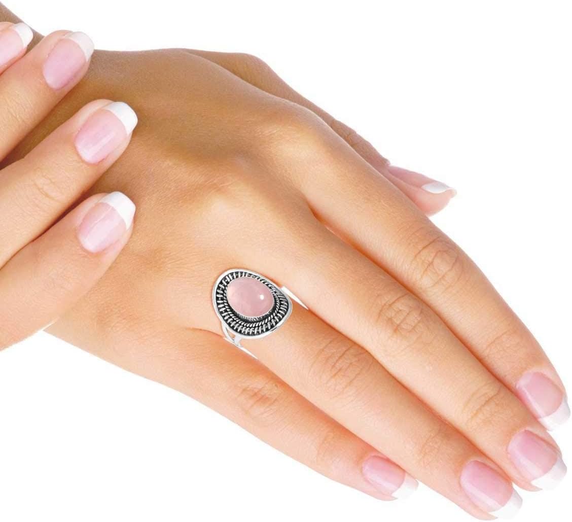Handmade Genuine 925 Sterling Silver Ring Natural Gemstone Amber, Lapis, Rose Quartz, Pearl Oval Boho Jewelry For Women