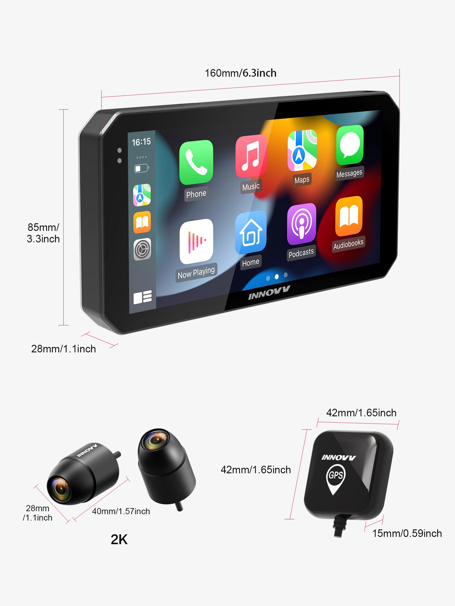 INNOVV N2 - Dash Cam per moto Carplay, touch screen da 6 pollici, supporta Android Auto e iOS, fotocamera anteriore e posteriore 2K 2K con navigazione GPS, modalità parcheggio, musica, Wi-Fi 5.8G