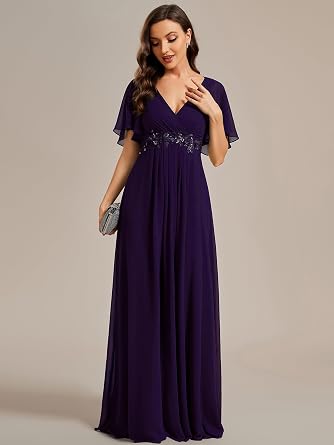 Ever-Pretty Women's Chiffon V Neck Short Sleeves Appliques Formal Evening Dresses Bridesmaid 01960