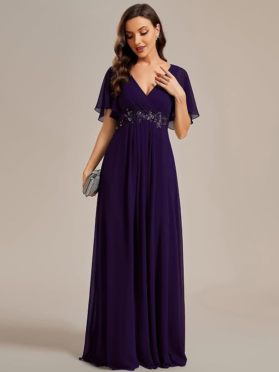 Ever-Pretty Women's Chiffon V Neck Short Sleeves Appliques Formal Evening Dresses Bridesmaid 01960