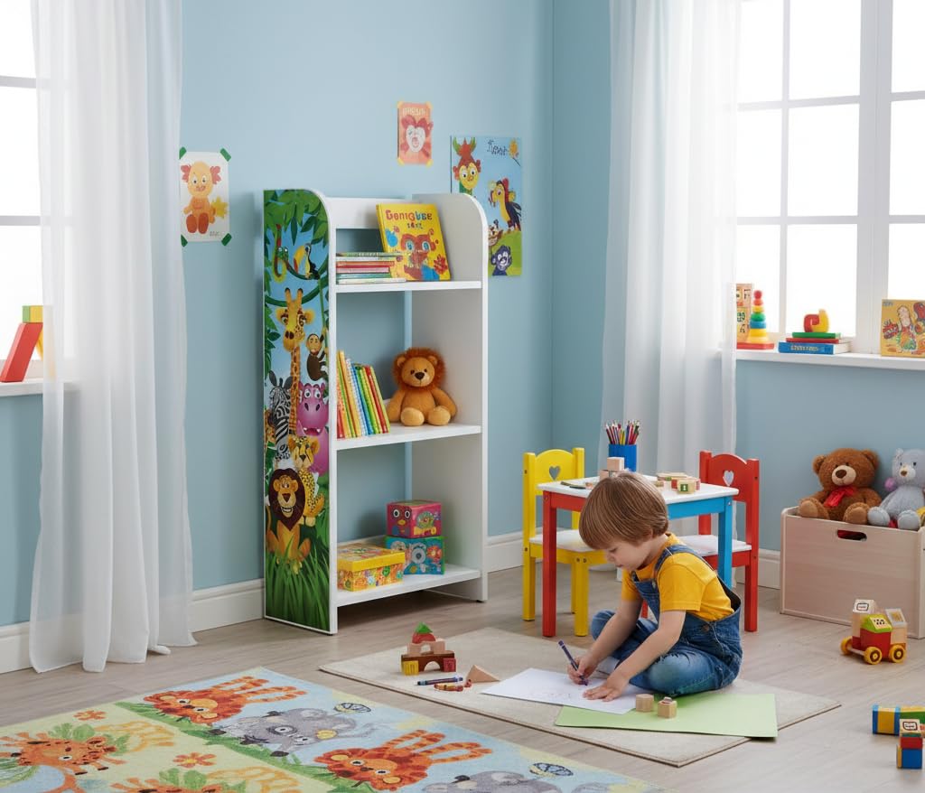 Leomark Bibliothèque Etagere De 3 Casiers Meuble De Rangement Colour Blanc Motif: Animaux de la Jungle Lion Eléphant Girafe Etagere sur des Livres, de Jouets