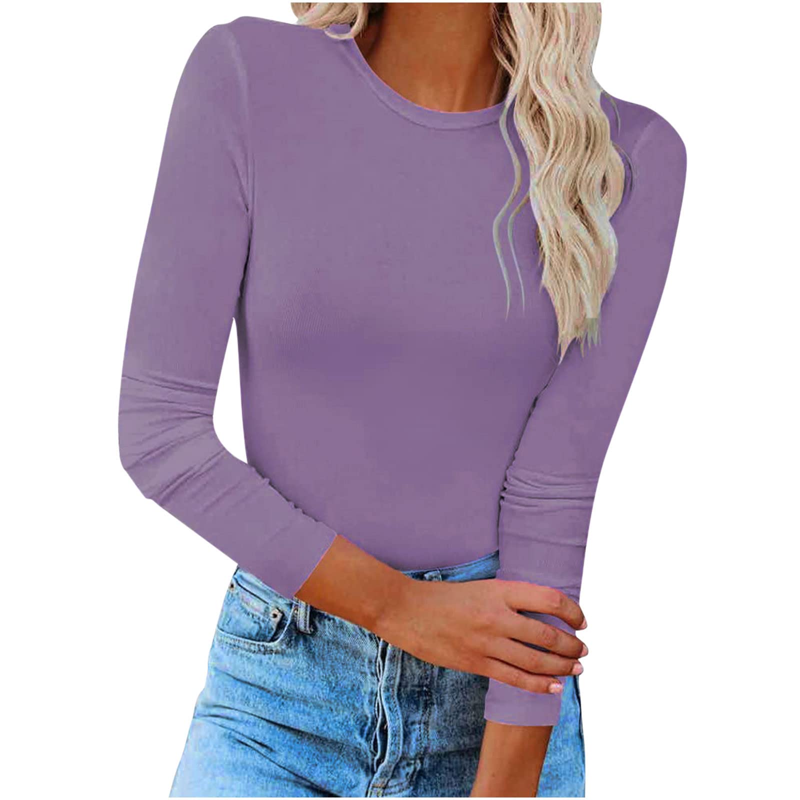 Fitted Long Sleeve Base Layer for Womens Round Neck Slim Fit Stretch Undershirts Lightweight Soft Basic Pullovers Purple