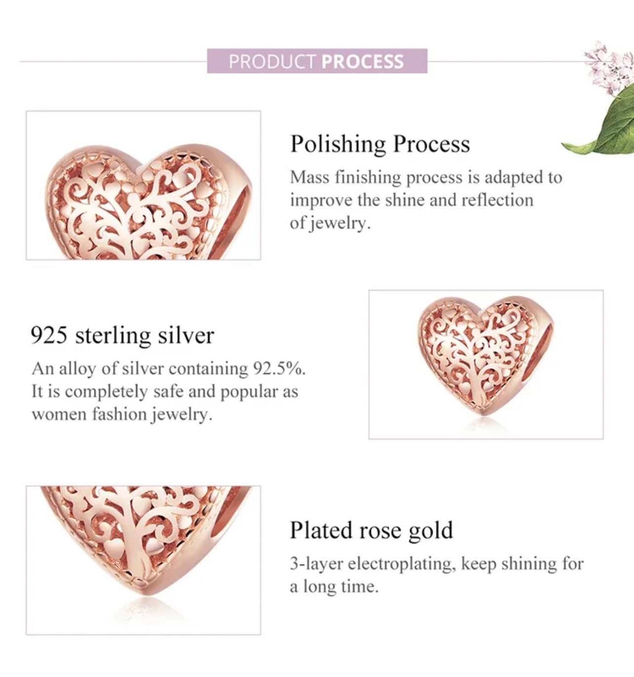 FLXHHX Abalorio de corazón de Amor con árbol genealógico de la Vida en Oro Rosa, Plata de Ley 925 auténtica, Compatible con Pulsera