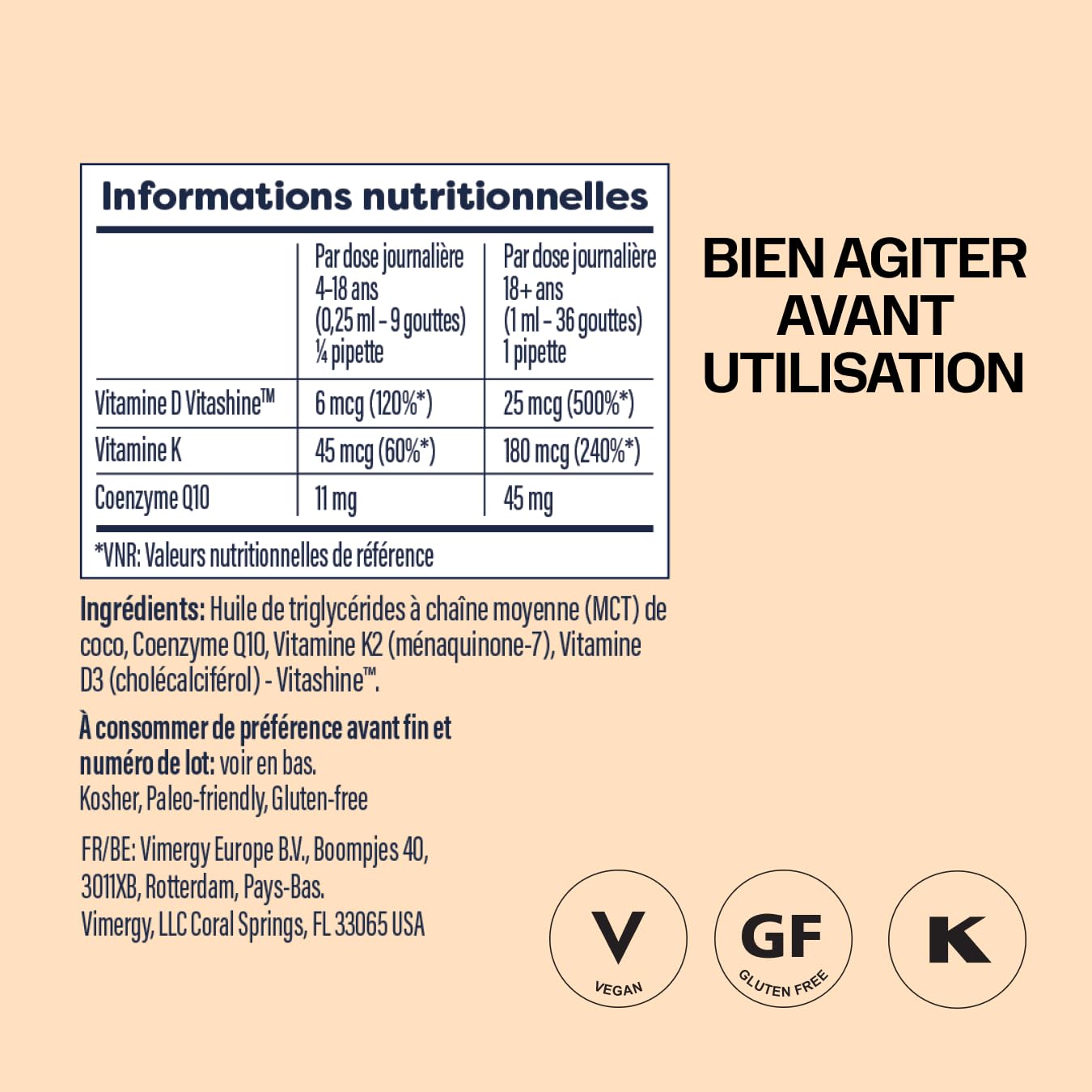Vimergy Brain Body Recharge* – avec vitamine D3, K2 et CoQ10 – Renforce les muscles et les os – Protège contre les radicaux libres – Végane et sans gluten – 55 mL