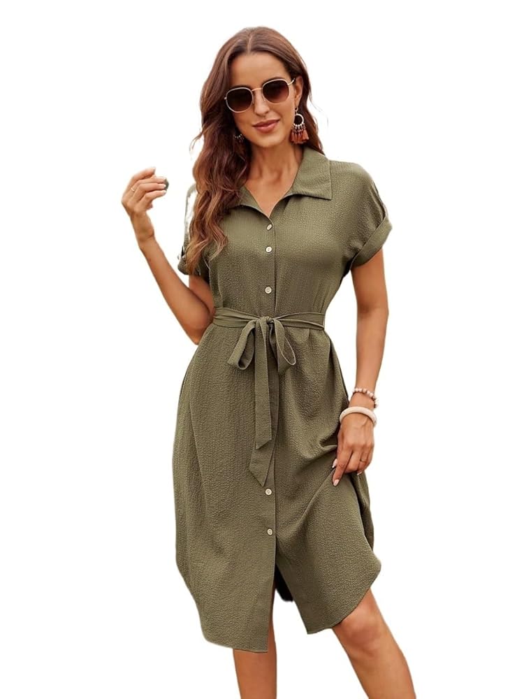 LXXWMxBH Women 2024 Summer Short Sleeve Dress Solid Button