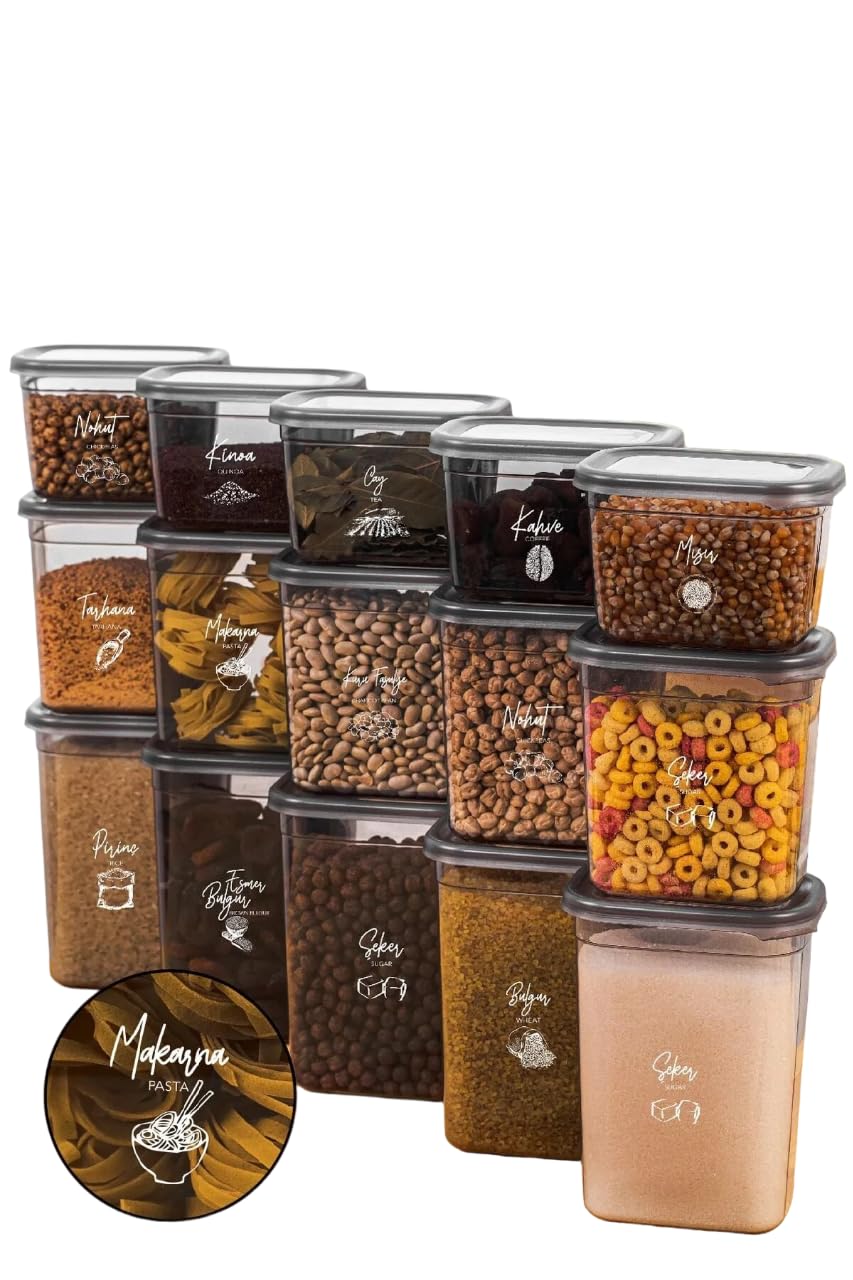 Generic15-Piece Rectangular Food Storage Containers with Labels - 3 Sizes (1.5, 1.15, 0.8L) - Spices, Food, Pantry Organization