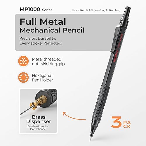 Miniatura 2 de Nicpro Juego de lápices mecánicos de metal de 0.035 in con estuche, 3 lápices de dibujo negros de 0.035 in, 6 tubos de repuesto de plomo HB, 3
