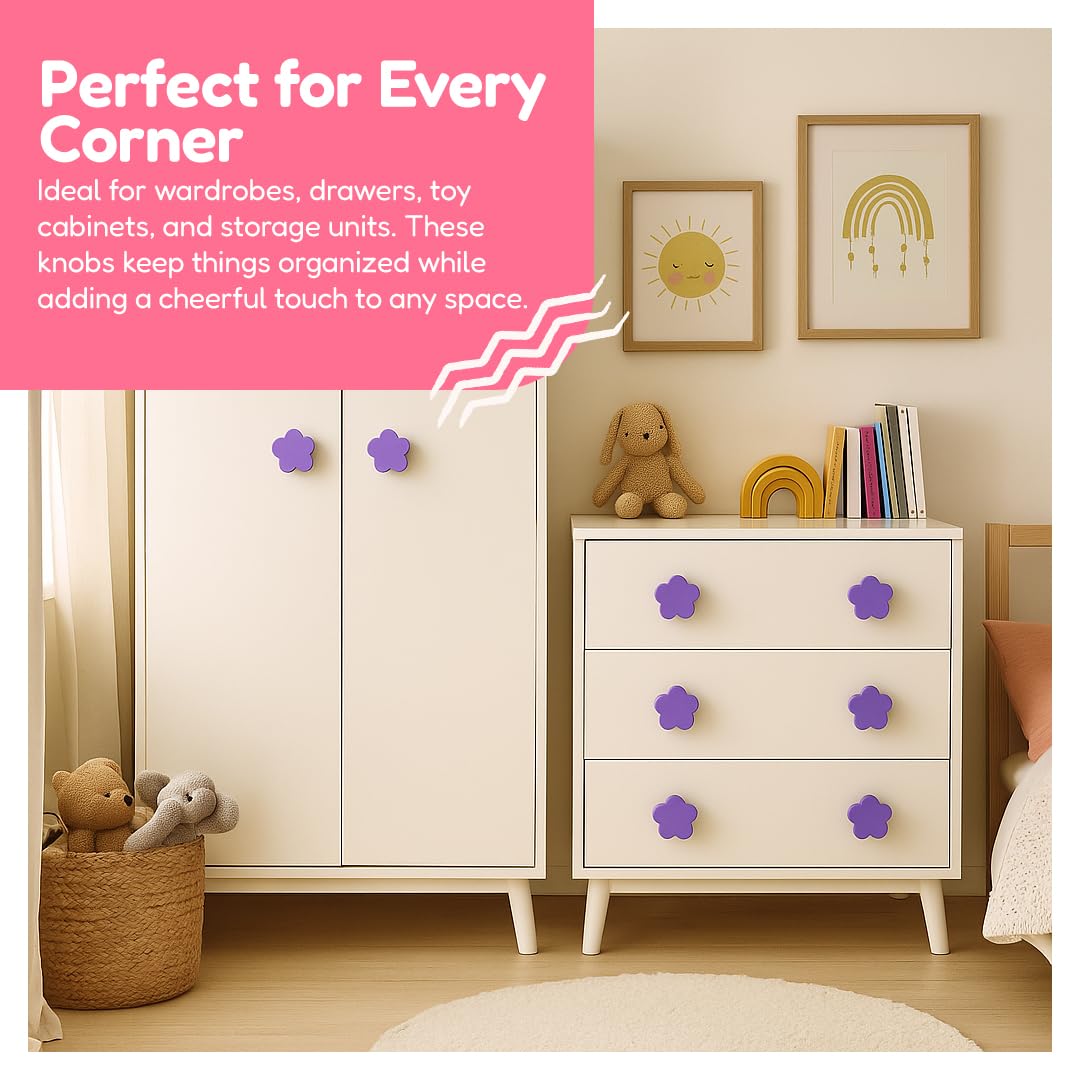 FLY FROG Wooden Flower Knobs for Kids – Purple Cabinet Knobs for Drawer, Wardrobe & Almirah Door | Girls Room & Nursery Furniture Pull Handle | Pack of 2 | Safe Rounded Edges 3