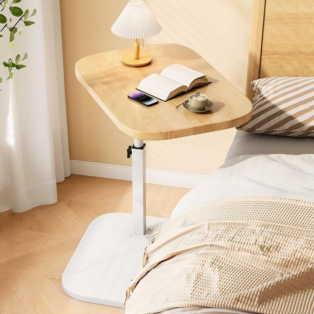 SXZenSpace C Shaped Side Table Adjustable Height,Couch Tables That Slide under with Oval Rotating Tabletop,360°Swivel Small End for Living Room, Bedroom, Sofa,Wood