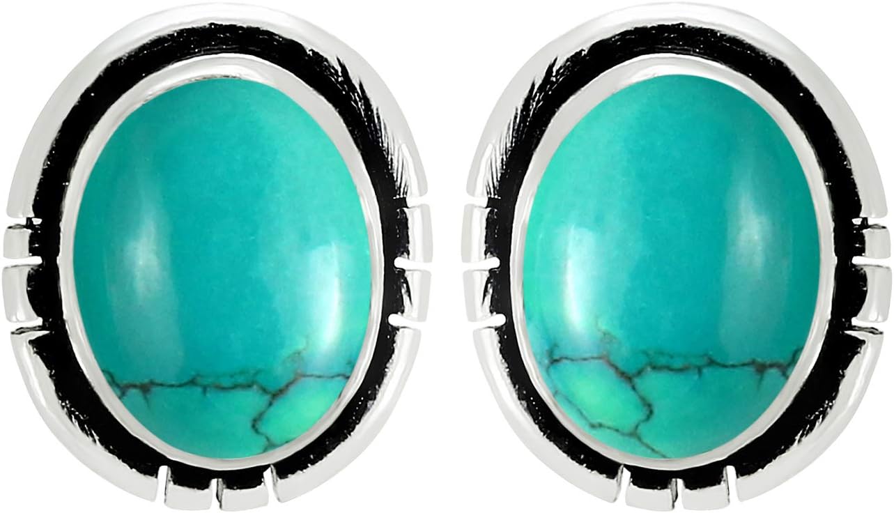 Natural Gemstone Stud Earrings: Oval Silver Plated with one pair