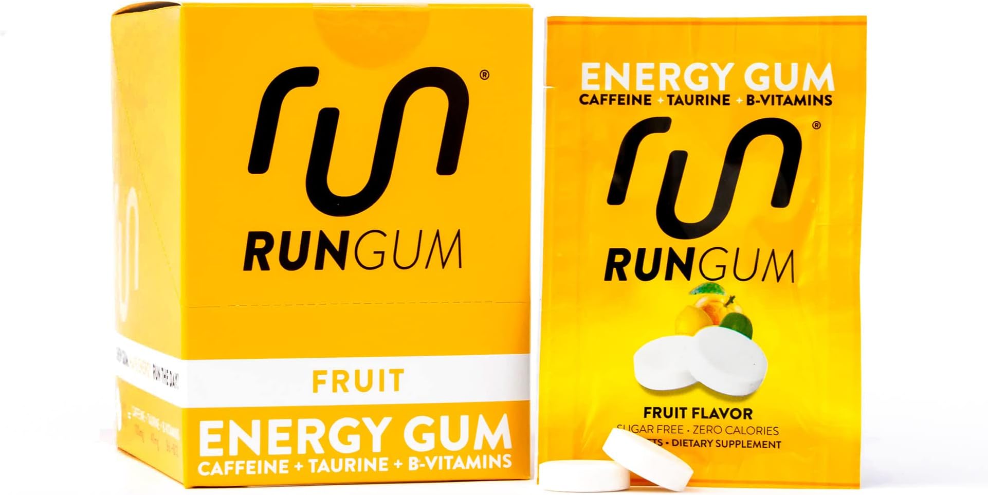 Run Gum Fruit Flavor Caffeinated Energy & Focus Gum, 50mg Caffeine per Piece, Sugar Free with Taurine & B-Vitamins, Fast-Acting Chewing Gum, 24 Pieces (12 Packs)