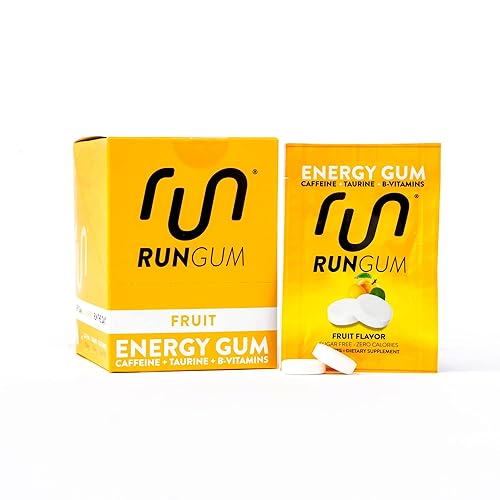 RUN GUM Fruit Energy Gum 50 mg de cafeína, taurina y vitaminas B por pieza, 24 piezas (paquete de 12), 2 piezas  1 café o bebida energética, sin