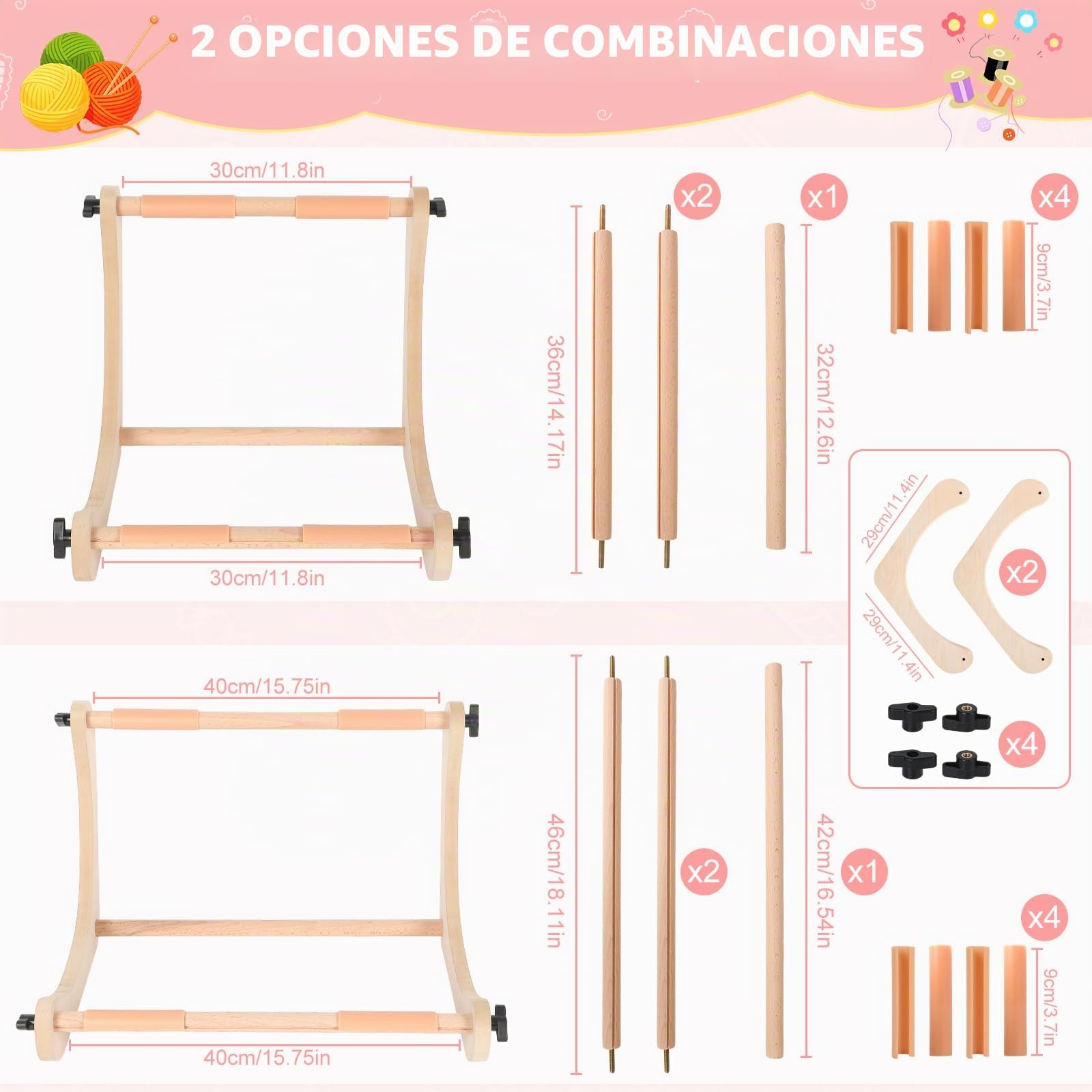 Bastidor de bordado rectangular, soporte ajustable de madera, 30 cm/40 cm, juego de 8 pinzas antideslizantes, aro de bordado de madera para manualidades, bordado, punta de aguja