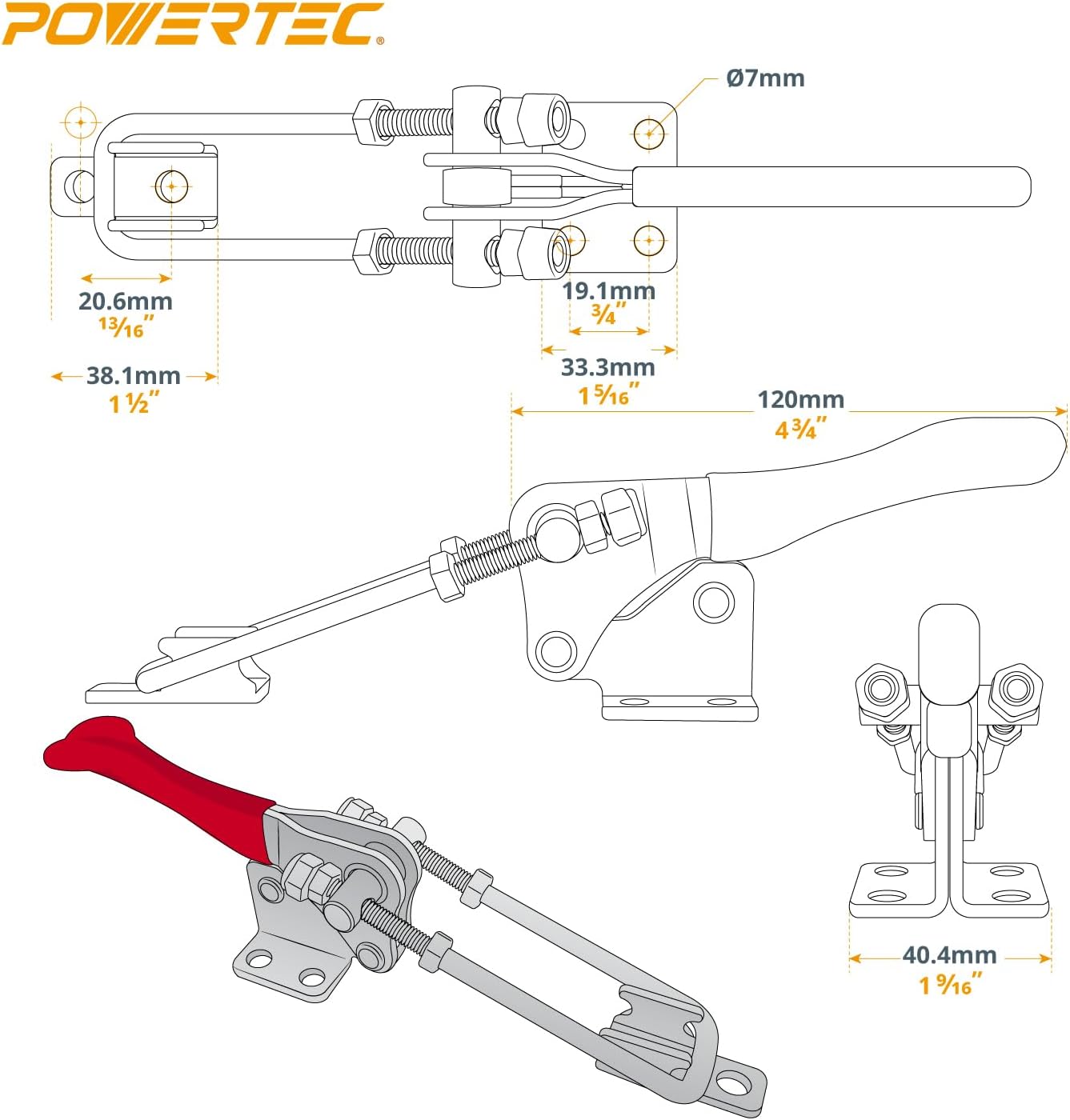 POWERTEC 3PK Toggle Clamp, 1000 lbs Holding Capacity, 334 Adjustable 90 Degree Vertical U Bolt Latch w/Antislip Hand Grip for Woodworking Jigs & Fixtures, Smoker, Tire Carrier, Cabinet (20309-P3)